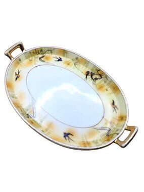 Oval Handled Bird Serving Tray Hand Painted Japan Porcelain Vintage sm2004